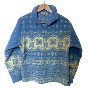 Vintage Sweater Grandmacore Snowflake 1/4 Zip Collared Blue & Cream Snowflake